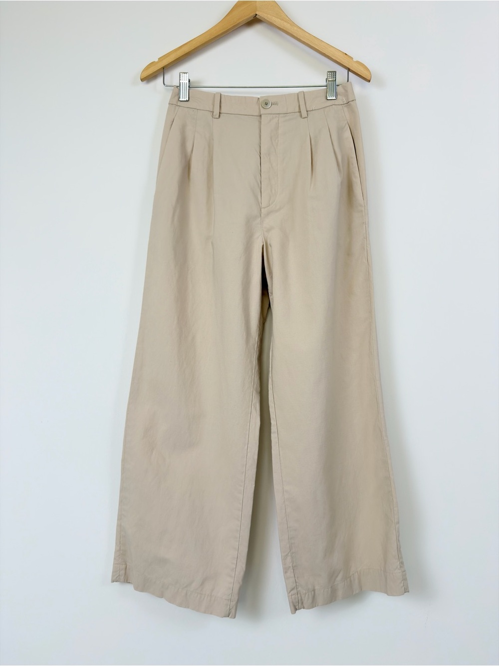 Uniqlo Cream Beige Linen Blend Wide Leg Pleated Pants